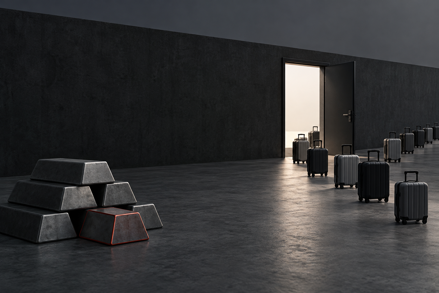 A dark hall with one open door letting in light. A line of suitcases rolls toward and through the door. In the foreground a stack of grey metal bars, one edged in red.