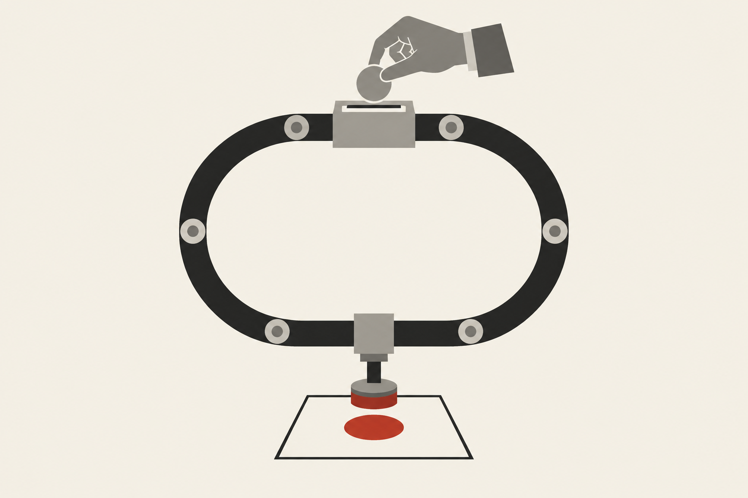 A closed mechanical belt loop. At the top a hand drops a coin into a slot; at the bottom a stamp presses a red seal onto a sheet of paper. The loop feeds itself.