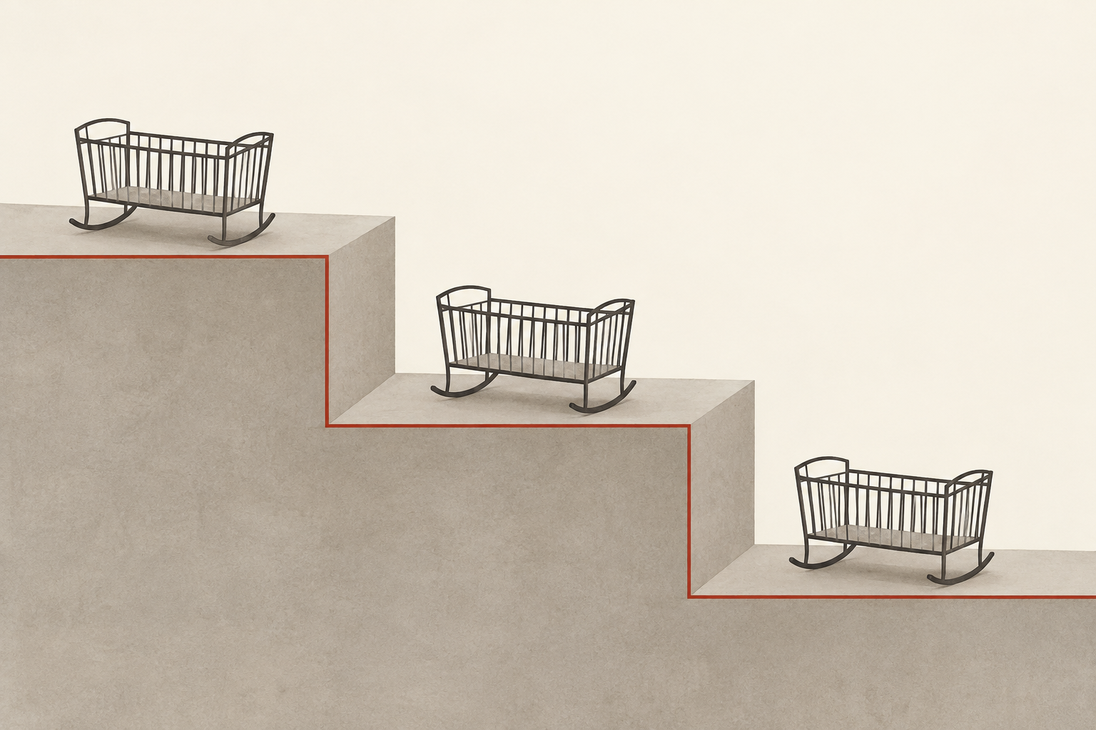 Three descending concrete steps, an empty rocking cradle on each, with a thin red line tracing the edge of every step downward.
