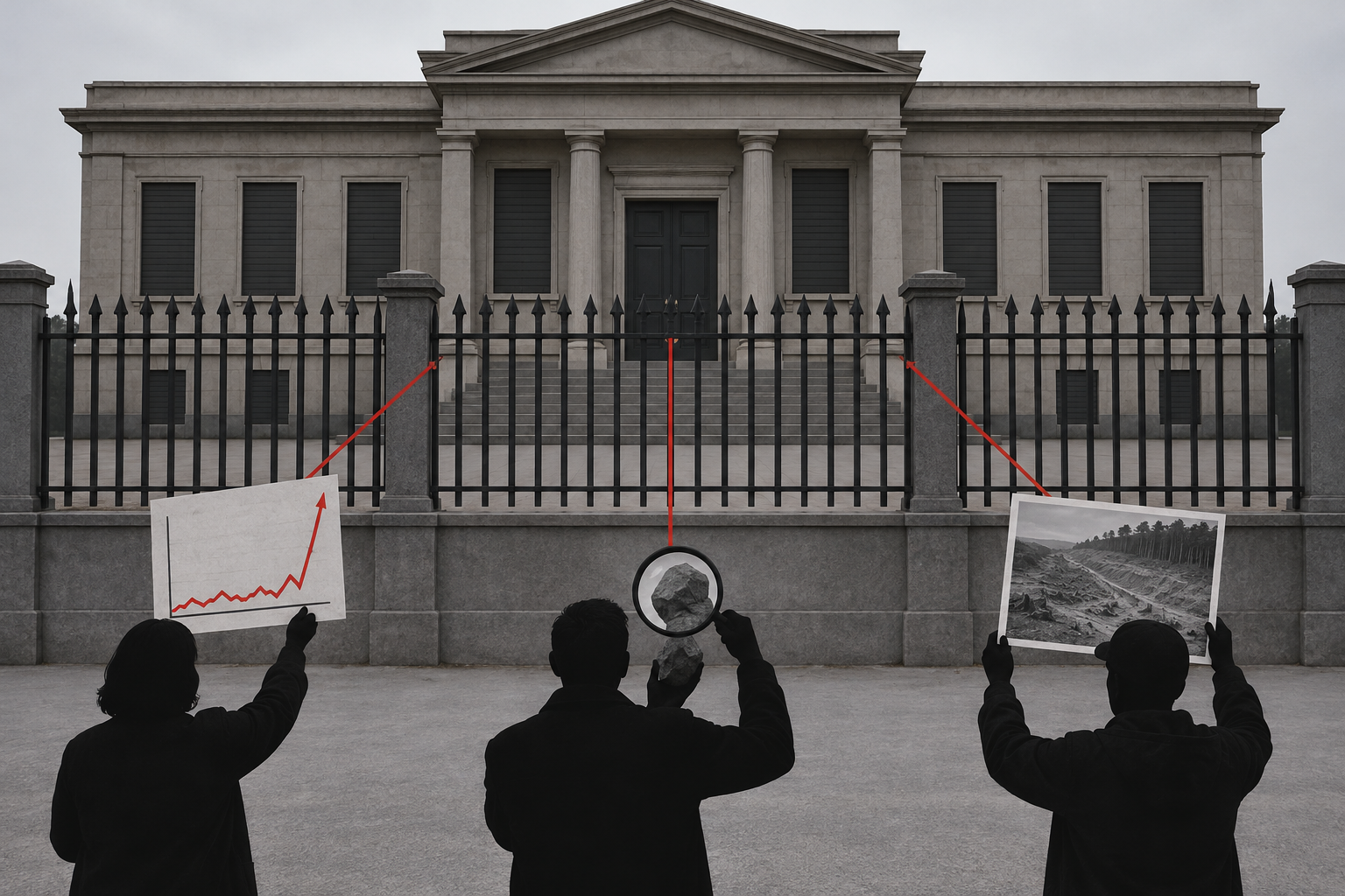 A shuttered institutional building behind an iron fence. Three figures outside hold up a chart with a spike, a magnifying glass over a stone, and a photograph of a cleared hillside. Red lines from each stop at the fence.