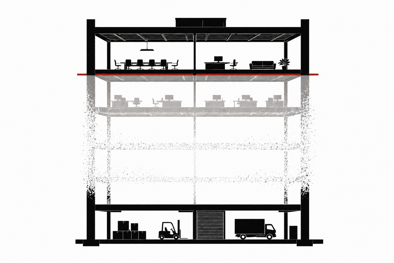 A cross-section of an office building, top and ground floors solid, the middle floors dissolving into ghost outlines with a red boundary line marking the threshold.