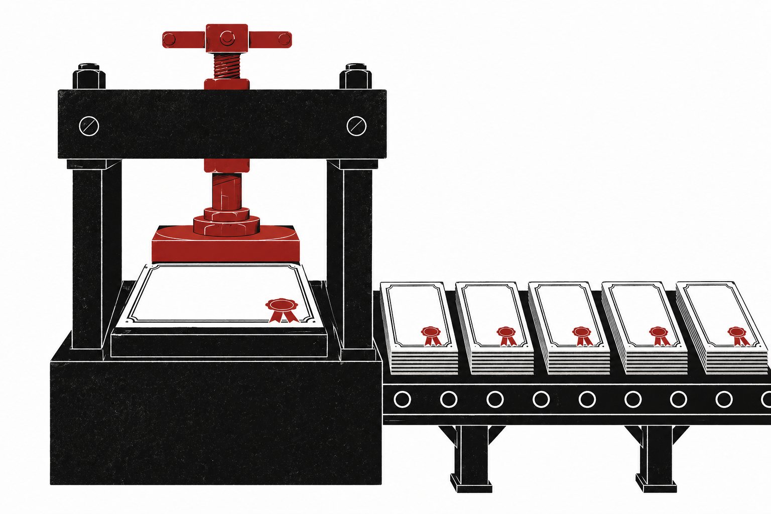 A stamping press producing identical certificates on a conveyor belt, while irregular job-shaped slots on the other side accept none of them.