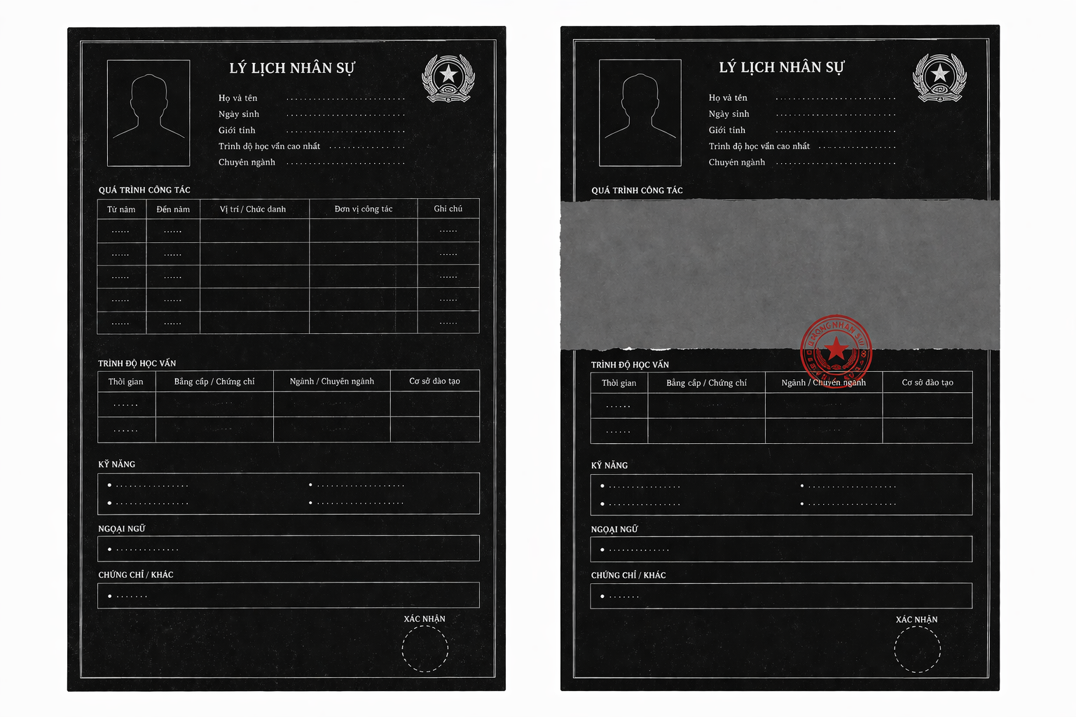 Two identical personnel files side by side, same credentials below the midpoint, but one file sealed by a grey redaction block at the threshold.