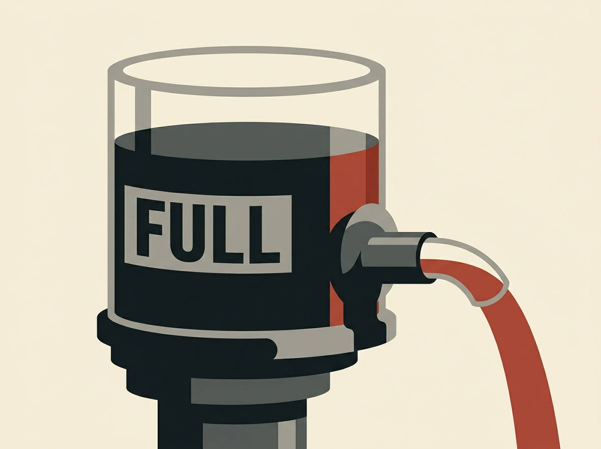 A gauge labeled FULL with liquid draining out through a side pipe — the economy measures full while output exits.
