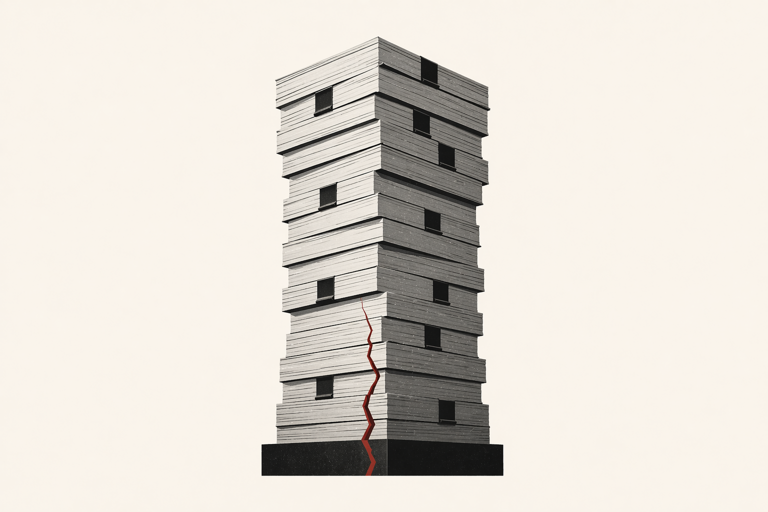 A tower of stacked document-like floors with a red crack running through the base — structural stress visible but the tower still standing.