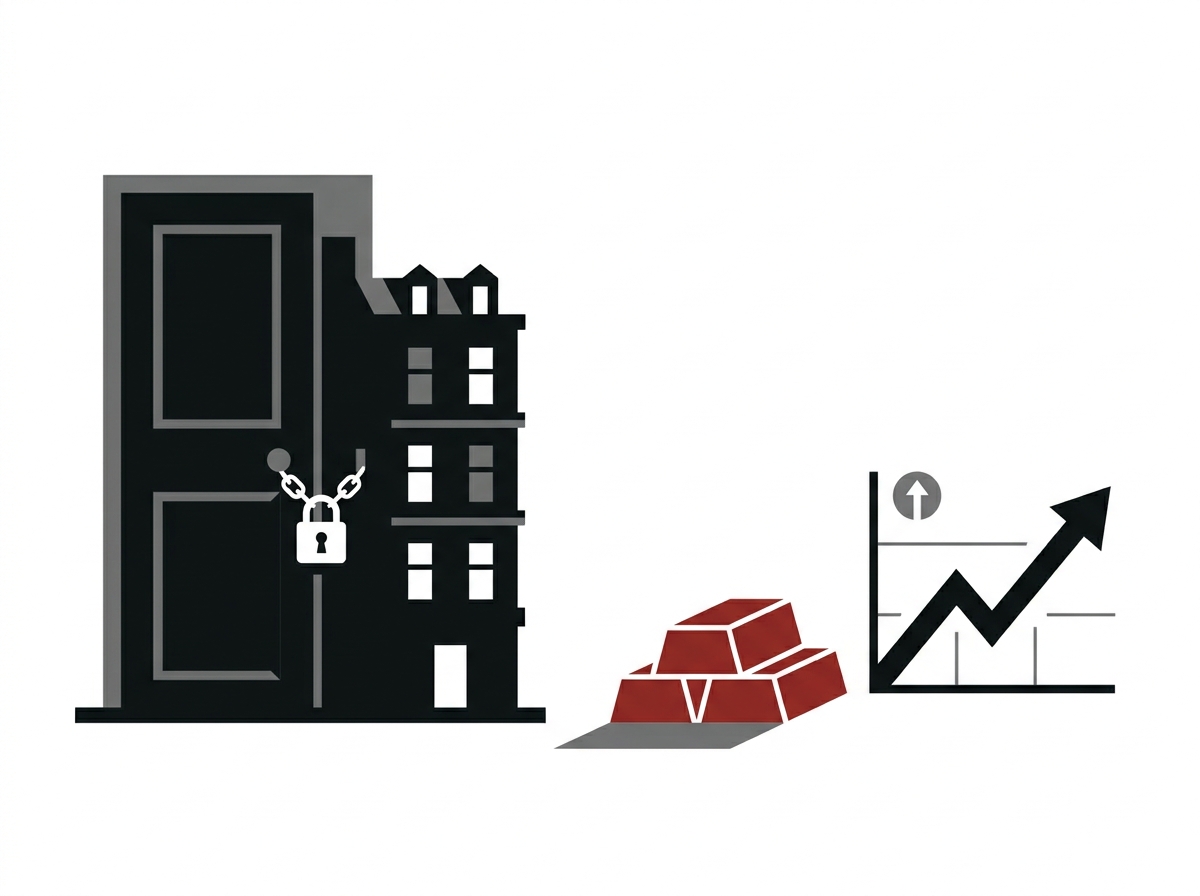 A locked apartment door beside stacked gold bars and a rising stock chart — the alternatives when housing is inaccessible.