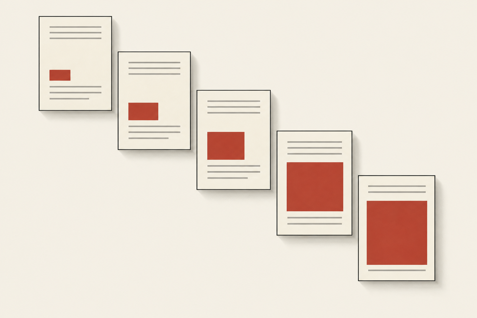 Five sheets of paper stepping down from left to right, each with a red block that grows larger on each lower sheet until it fills most of the last one.