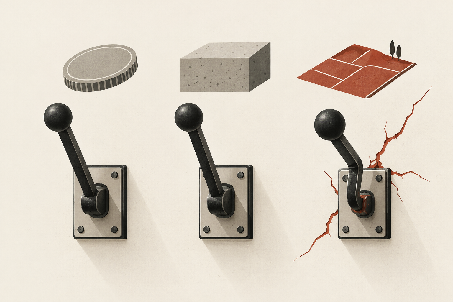 Three levers on a cream wall, each under a symbol: a coin, a concrete block, and a red parcel of land. The third lever is bent and red cracks run through the wall around it.