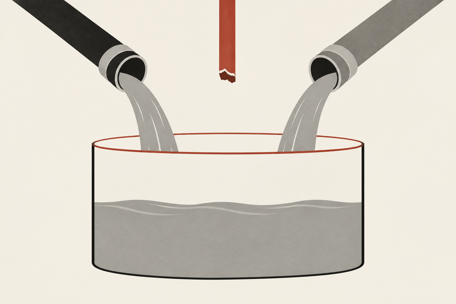 A vessel with a red line at its brim, filled to about two thirds. Two pipes pour into it from the sides. A third pipe in the middle, red, is broken off and empty.