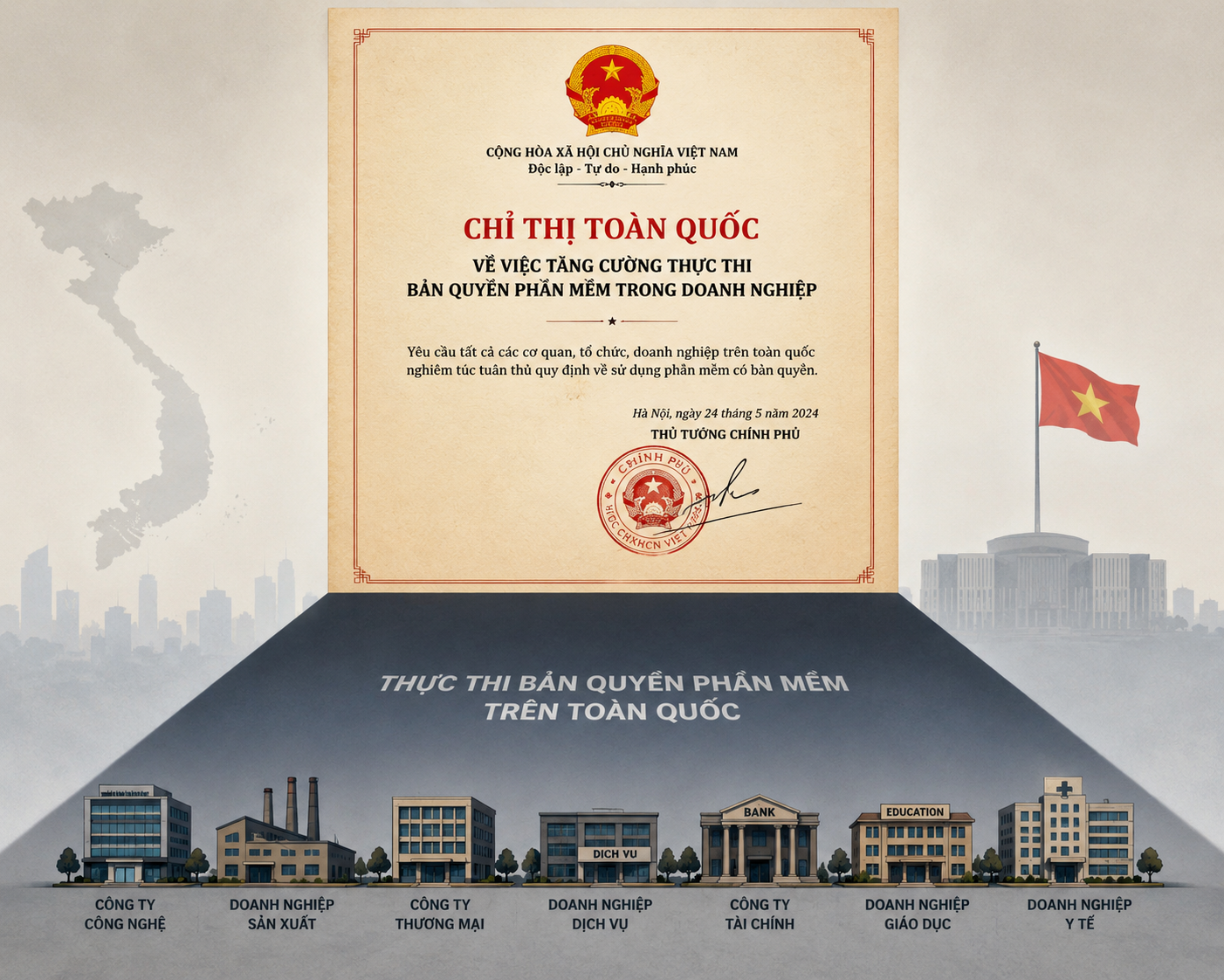 An official document with a seal, casting a long rectangular shadow across a row of small building silhouettes below it.
