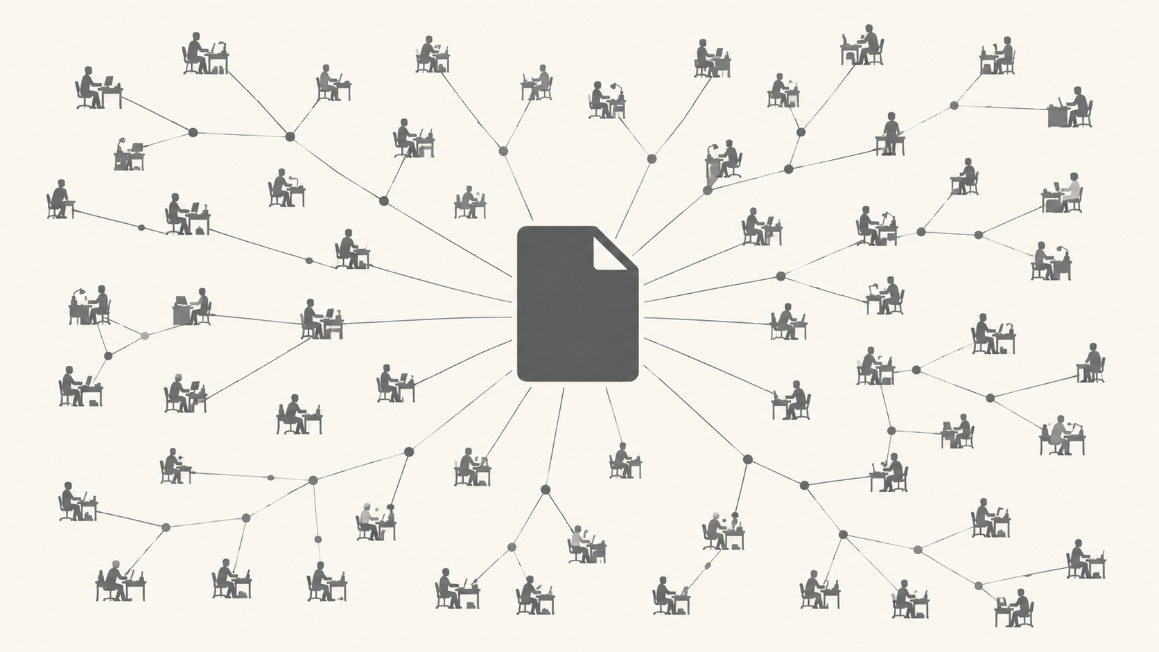 A stack of identical file icons connected by lines to dozens of small desk silhouettes, the network dense and branching, the connections rendered in grey.
