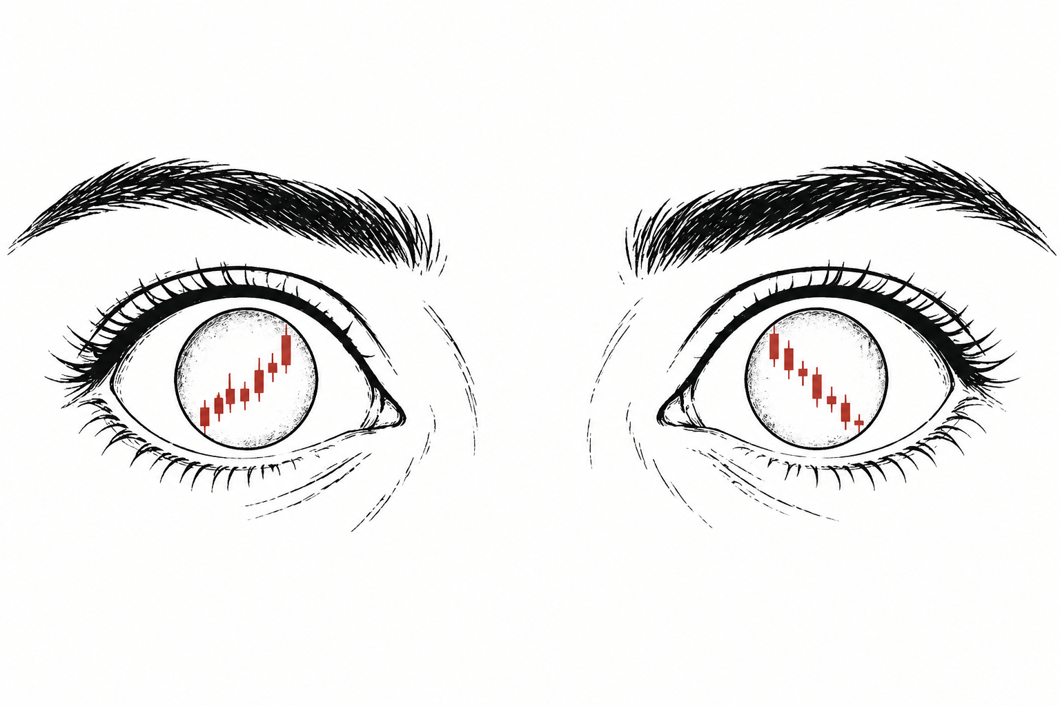 A pair of wide-open, unblinking eyes rendered in flat line art, each iris contains a candlestick chart instead of a pupil.