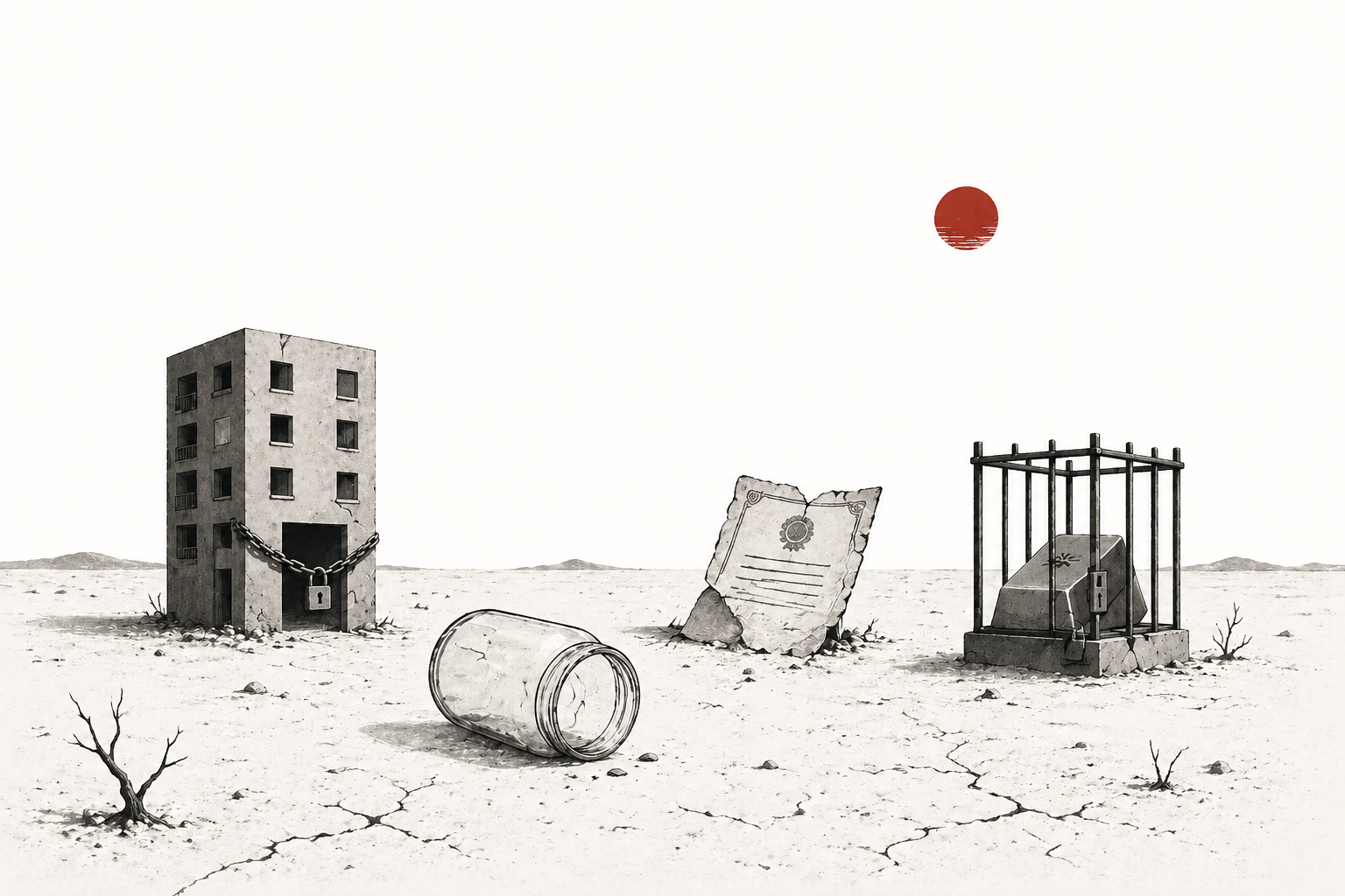 Four broken or locked savings vehicles arranged across an empty landscape: housing padlocked, deposit jar empty, bond document torn, gold behind bars.