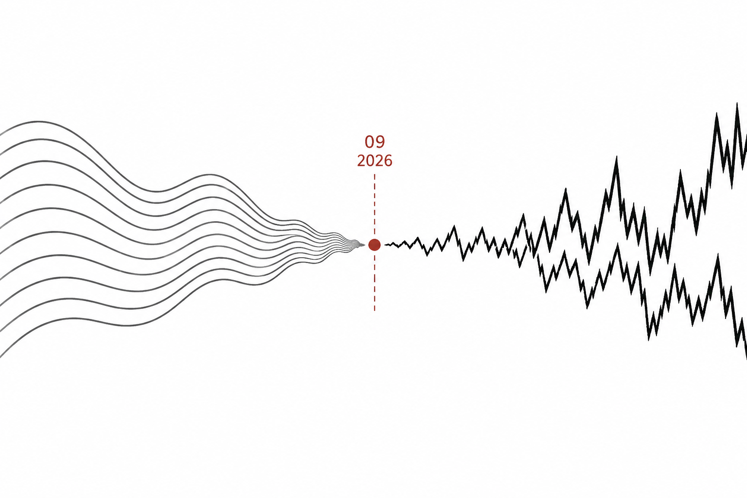 Two wave fronts approaching each other , one large and geometric representing institutional money, one smaller and jagged representing retail momentum , meeting at a single red point.
